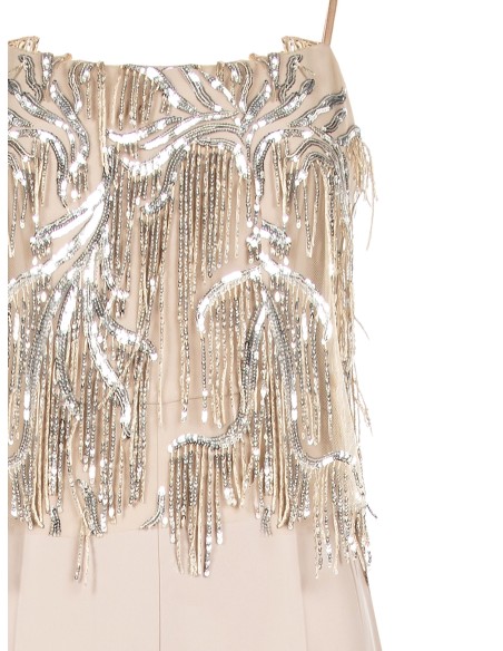 Macacão palazzo inteiro em tecido fluido com bordados e franjas em lantejoulas Rinascimento