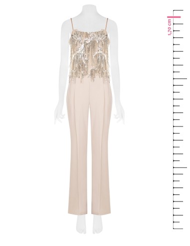 Macacão Palazzo em Tecido Fluido com Bordados e Franjas em Lantejoulas Rinascimento