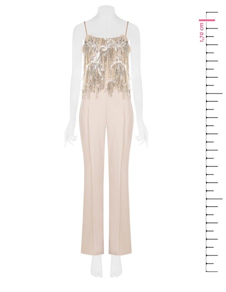 Macacão Palazzo em Tecido Fluido com Bordados e Franjas em Lantejoulas Rinascimento
