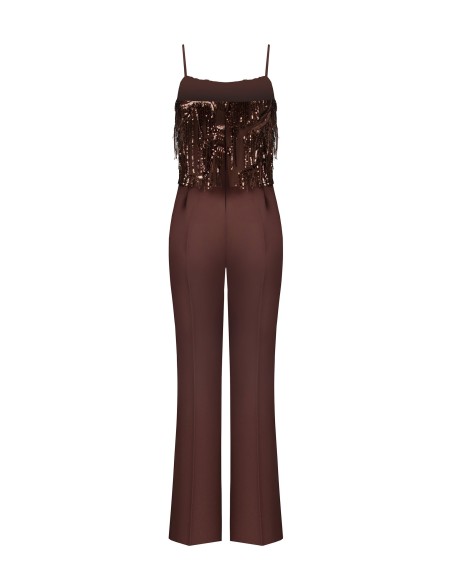 Macacão palazzo em tecido fluido com bordados e franjas em lantejoulas Rinascimento