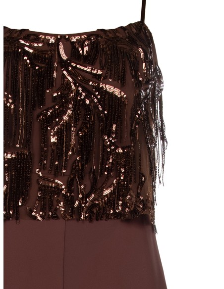 Macacão Palazzo Em Tecido Fluido Com Bordados E Franjas Em Lantejoulas Rinascimento