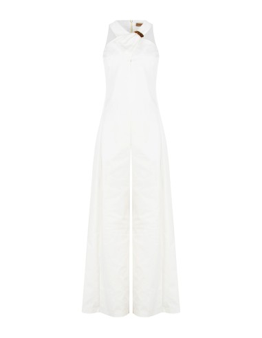 Macacão palazzo em mistura de algodão estruturado com laço e detalhe de jóia Rinascimento