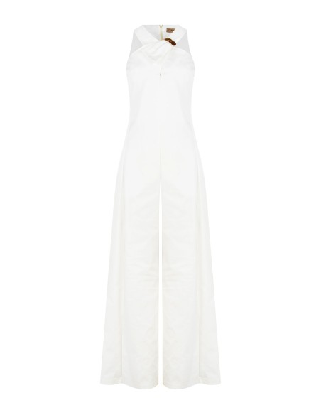 Macacão palazzo em mistura de algodão estruturado com laço e detalhe de jóia Rinascimento