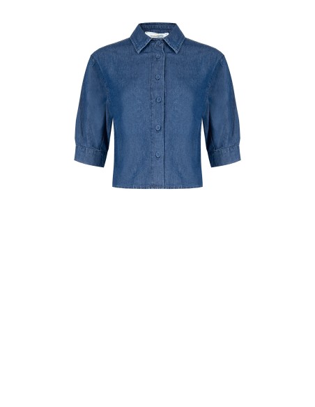 Camisa Ampla E Curta Em Denim Leve Com Mangas 3/4 Rinascimento