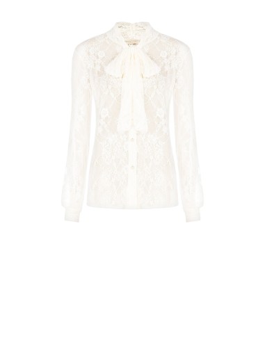 Camisa cintada transparente em renda com laço Rinascimento