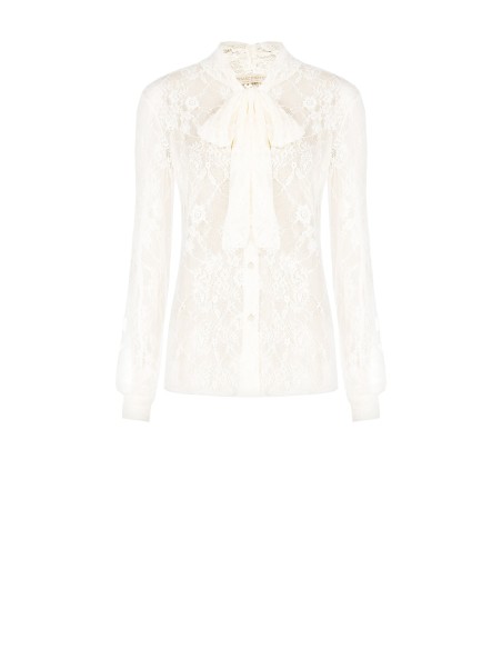 Camisa cintada transparente em renda com laço Rinascimento