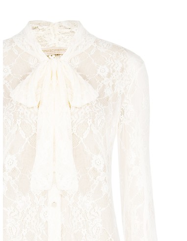 Camisa Acinturada Transparente em Renda com Laço Rinascimento