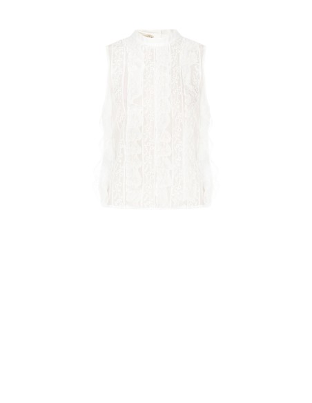 Blusa em tule bordado e renda à frente e lyocell ultraleve atrás Rinascimento