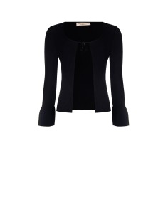 Cardigan Curto em Malha Canelada com Fecho com Laços e Mangas Evasadas Rinascimento