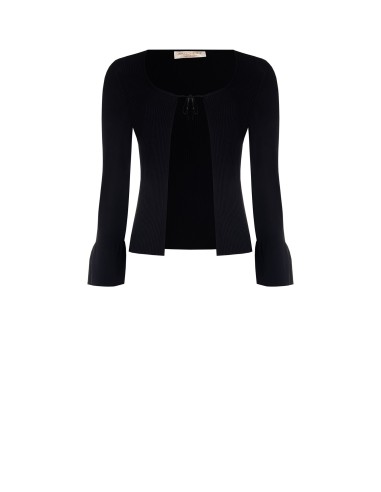 Cardigan Curto em Malha Canelada com Fecho com Laços e Mangas Evasadas Rinascimento