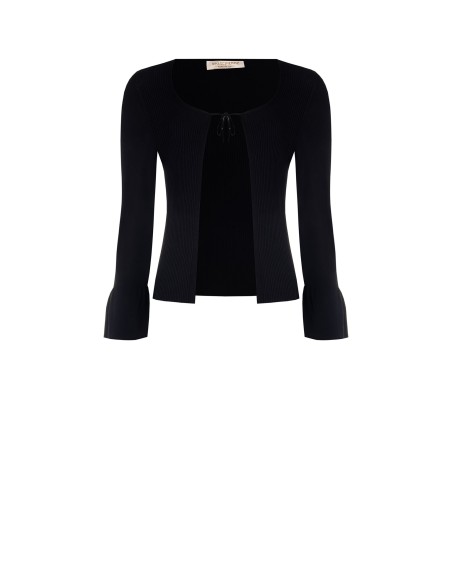 Cardigan Curto em Malha Canelada com Fecho com Laços e Mangas Evasadas Rinascimento