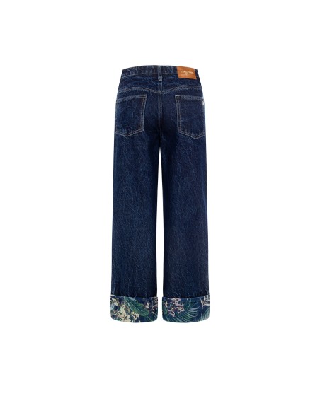 Jeans straight com bainha floral Rinascimento