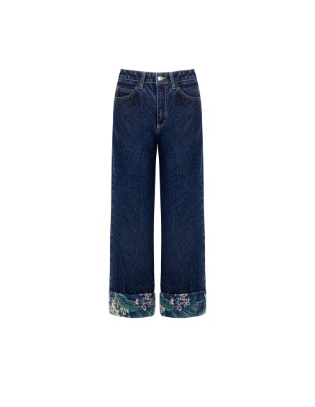 Jeans Straight com Barra Floral Rinascimento