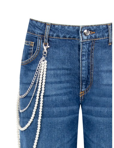 Jeans straight com corrente de pérolas removível Rinascimento