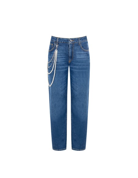Jeans de corte reto com corrente de pérolas removível Rinascimento