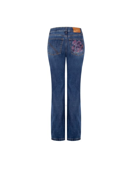 Jeans Rectos Elásticos com Flores Aplicadas em Strass Rinascimento