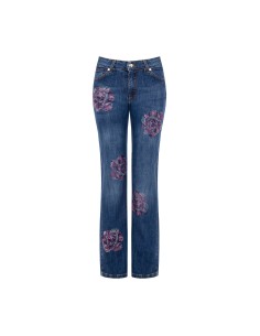 Jeans rectos elásticos com flores em strass aplicadas Rinascimento