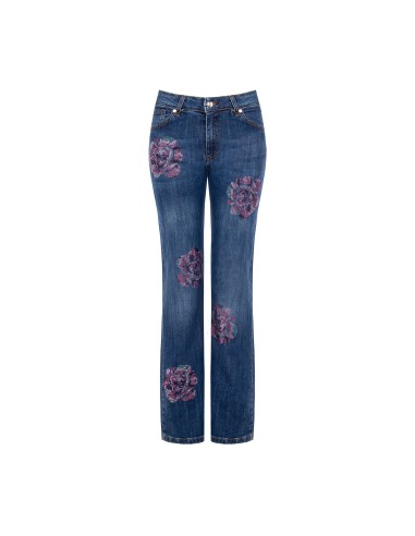 Jeans rectos elásticos com flores em strass aplicadas Rinascimento