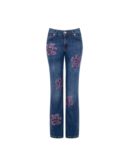 Jeans rectos elásticos com flores em strass aplicadas Rinascimento
