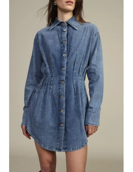 Vestido Curto Botões Pinças Colarinho Clássico Dixie