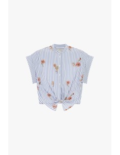 Camisa às riscas com nó e flores bordadas Dixie