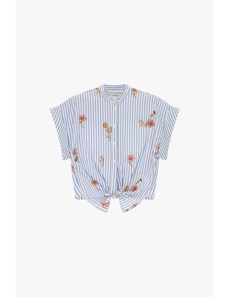 Camisa às riscas com nó e flores bordadas Dixie