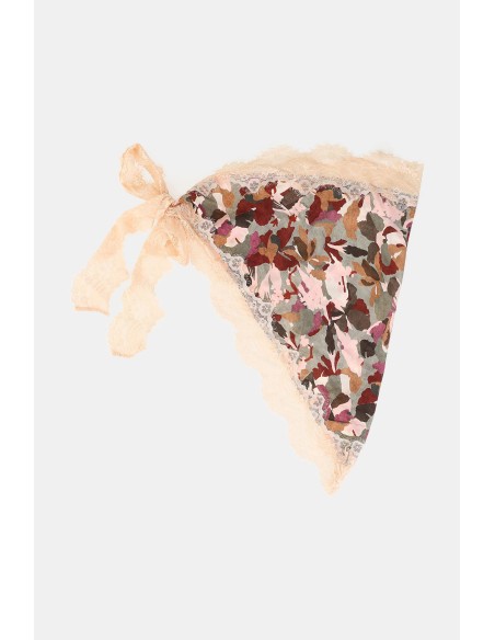 Foulard triangular com estampa floral e bordo em renda Dixie