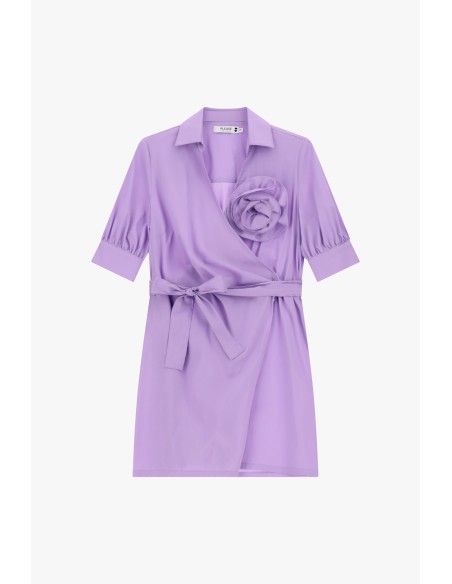 Vestido curto cruzado com cinto e flor Please