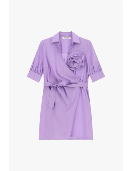 Vestido curto cruzado com cinto e flor Please