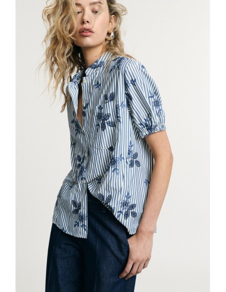 Camisa às Riscas com Mangas Curtas Franzidas Please