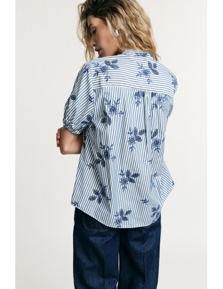 Camisa às Riscas com Mangas Curtas Franzidas Please