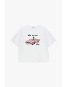 T-shirt ampla com estampa de carro e texto frontal Please