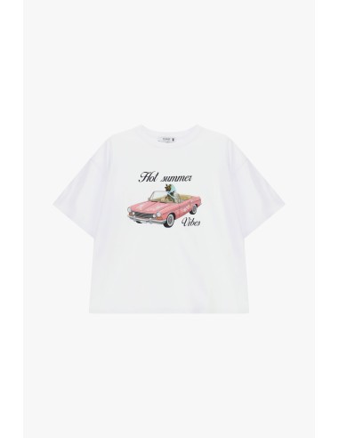 T-shirt ampla com estampa de carro e texto frontal Please