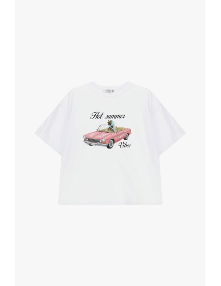 T-shirt ampla com estampa de carro e texto frontal Please