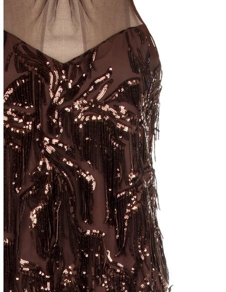 Vestido Curto em Tule com Bordados e Franjas de Lantejoulas Rinascimento