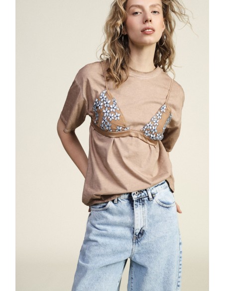 T-shirt Mangas Curtas Com Detalhes Florais Aplicados Dixie