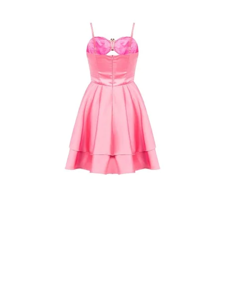 Vestido Curto Bambolina em Cetim Pesado com Camadas de Véu, Recorte e Flor-jóia Rinascimento