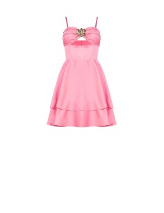 Vestido Curto Bambolina em Cetim Pesado a Véus com Recorte e Flor-jóia Rinascimento