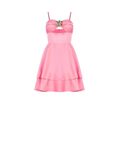 Vestido Curto Bambolina em Cetim Pesado a Véus com Recorte e Flor-jóia Rinascimento