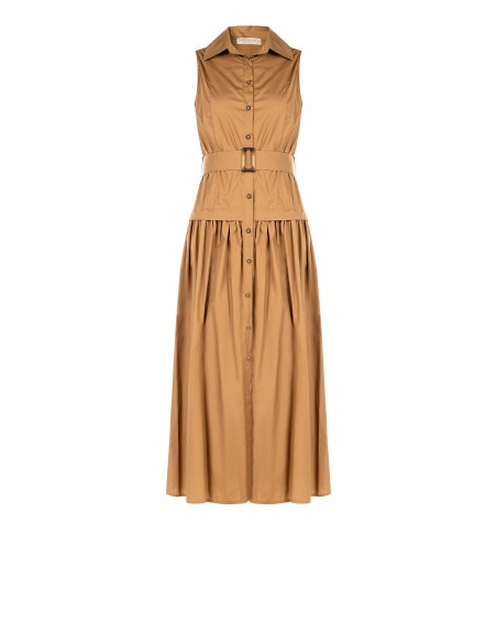 Vestido longo chemisier com saia godé em algodão e cinto coordenado Rinascimento