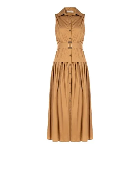 Vestido longo chemisier com saia godé em algodão e cinto coordenado Rinascimento
