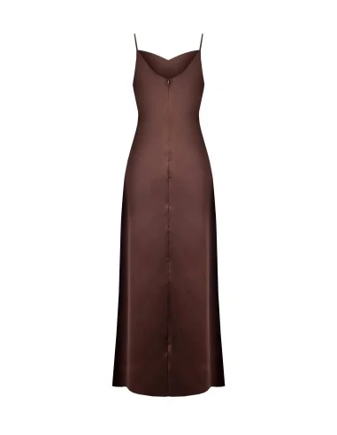 Vestido Longo em Cetim com Entrelaçado em Georgette e Fenda Rinascimento