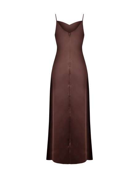 Vestido Longo em Cetim com Entrelaçado em Georgette e Fenda Rinascimento