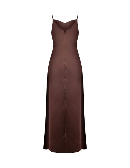 Vestido Longo em Cetim com Entrelaçado em Georgette e Fenda Rinascimento
