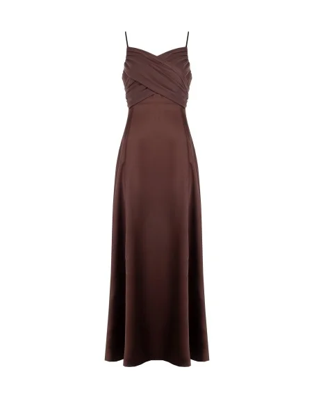 Vestido Longo em Cetim com Entrelaçado em Georgette e Fenda Rinascimento