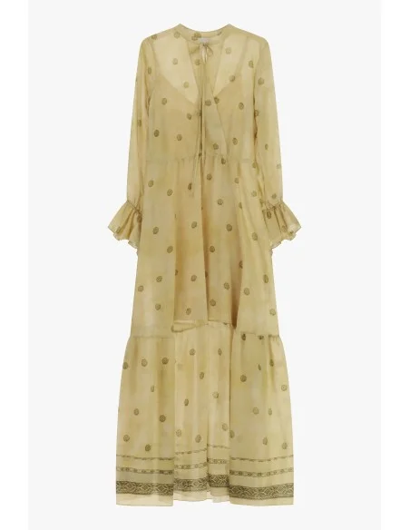 Vestido longo com estampado de bolinhas e punhos com folhos Dixie