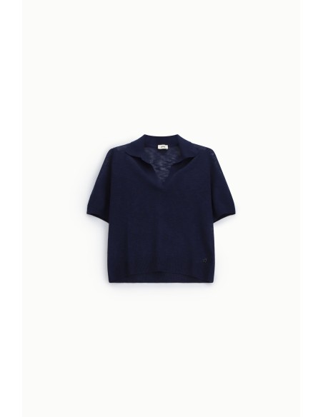 Camisola de manga curta com decote em V e colarinho Dixie