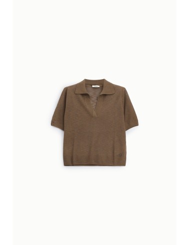 Camisola de Manga Curta com Decote em V e Colarinho Dixie