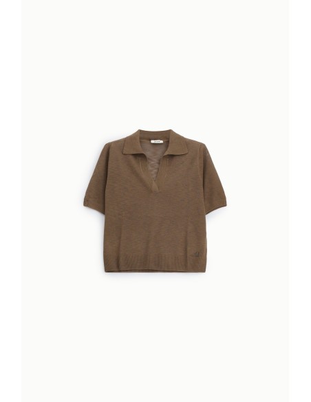 Camisola de Manga Curta com Decote em V e Colarinho Dixie