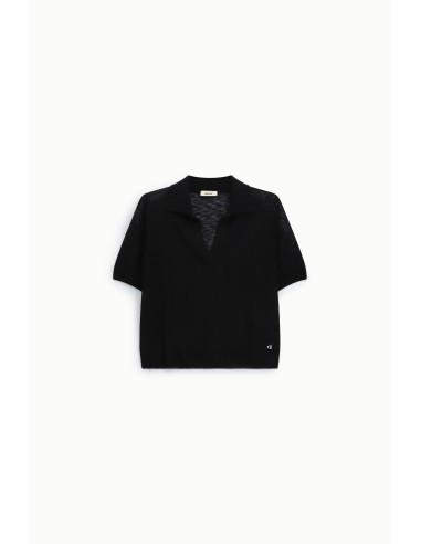 Camisola Manga Curta com Decote em V e Gola Dixie